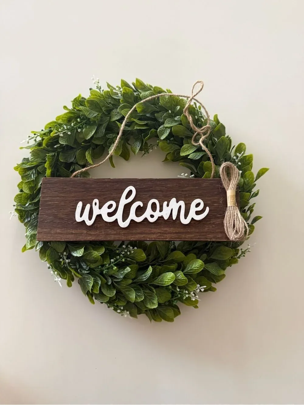 Welcome Green Boxwood Wreath Wall Hanging - 13”, New